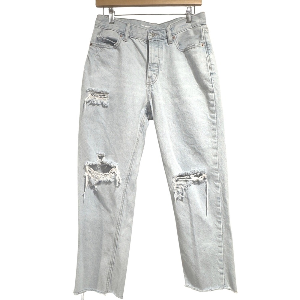 Old Navy Slouchy Straight Paige Jeans Light Wash Distressed High Rise Womens 2